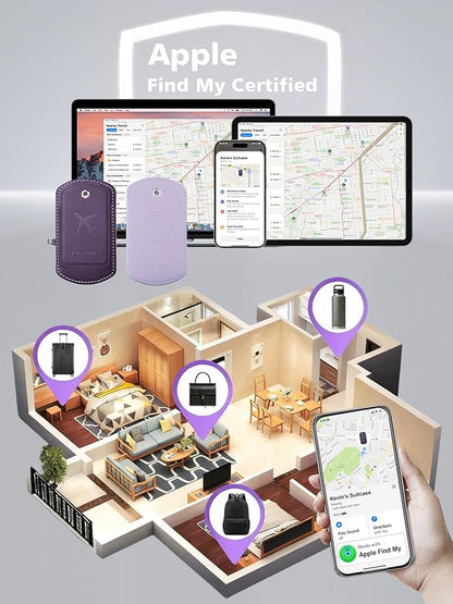Luggage Tag with Tracker (iOS Only), Premium PU Leather Luggage Tags for Suitcase, Privacy Cover & ID Card Slot, Stainless Loop for Travel Bags, Backpack, Pet Carrier, Ideal Gadgets (Purple)