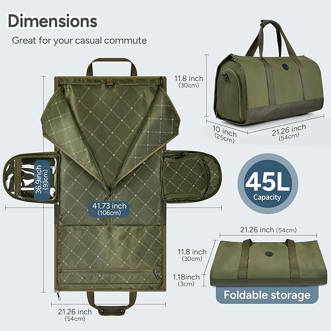 travel inspira Convertible Garment Bag 2 in 1 Carry On Garment Duffle Weekender 45L with Extended Shoe Compartment, Waterproof Nylon, Hanging Hook for Travel Business Men, Army Green