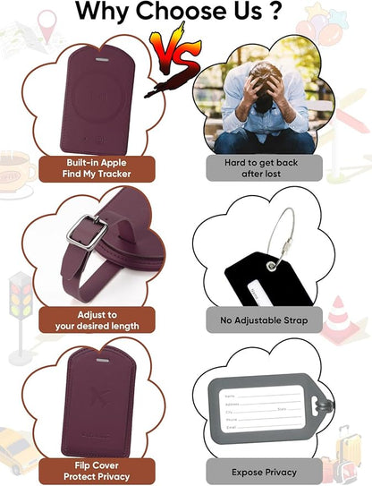 Luggage Tags Built-in Anti-Loss Tracker, Luxury Leather Luggage Tags for Suitcase, Travel Bags, Backpacks, Travel Organizer for Lost Baggage Prevention (Rose Purple)