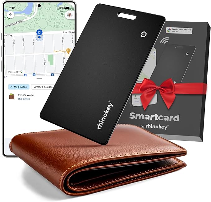 Rhinokey® Wallet Tracker Card,(Android Only) 0.07in Slim Rechargeable Airtag Card Tracker, Works with Google's Find Hub, IP68 Waterproof Tag, Item Finder with Key Chain Hole for Luggage Tags Purse