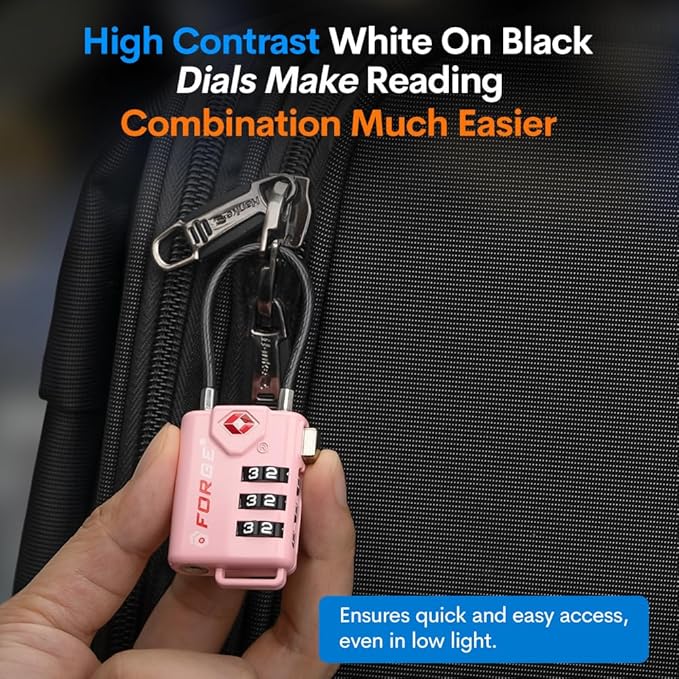 Forge TSA Approved Cable Luggage Locks, 2 Pink Locks, Re-settable Combination with Alloy Body