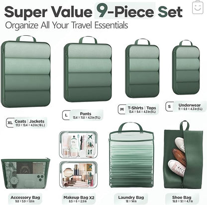 Veken 9/11 Set Compression Packing Cubes for Travel Essentials,Compressible Expandable Large Luggage Suitcase Organizer Bags for Clothing,Durable Space Saver Storage Bags(Dark Green)
