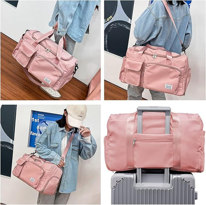 Travel Yoga Duffel Bag with Shoes Compartment Sports Gym Handbag with Dry Wet Separated Pocket for Training Men and Women, Overnight /Weekender Bag - Pink