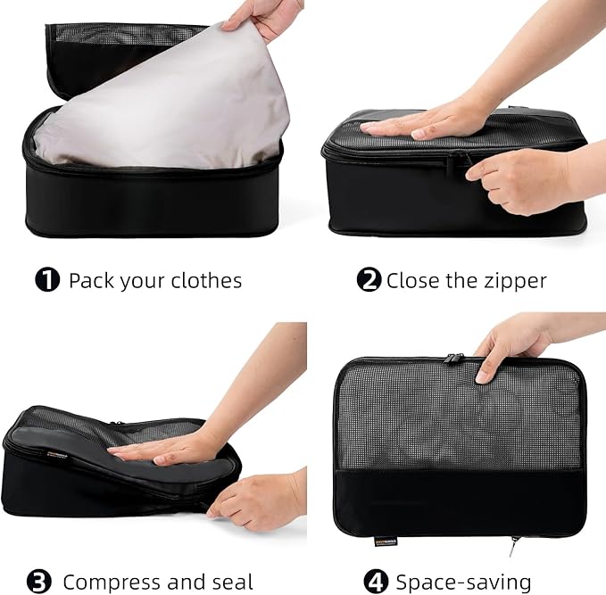 4 Piece Compression Packing Cubes for Suitcases and Backpack, Lightweight Travel Organizer Bags (Jet Black)