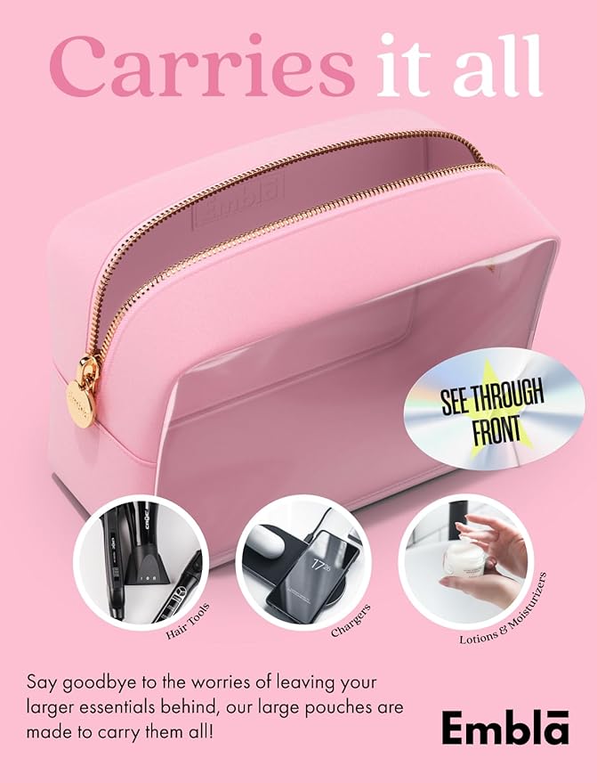 Embla London Makeup Bag Cosmetic Case, Clear Zipper Make Up Pouch and Toiletry Travel Tote, Cute Skincare Pouches for Women Girls, Preppy Purse Cosmetic Organizer, Large Makeup Bags, Flamingo Pink