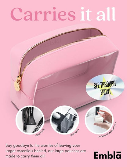 Embla London Makeup Bag Cosmetic Case, Clear Zipper Make Up Pouch and Toiletry Travel Tote, Cute Skincare Pouches for Women Girls, Preppy Purse Cosmetic Organizer, Large Makeup Bags, Flamingo Pink
