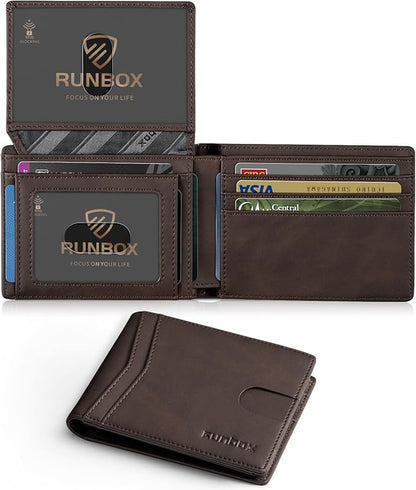 RUNBOX Wallet for Men Slim Rfid Leather 2 ID Window With Gift Box
