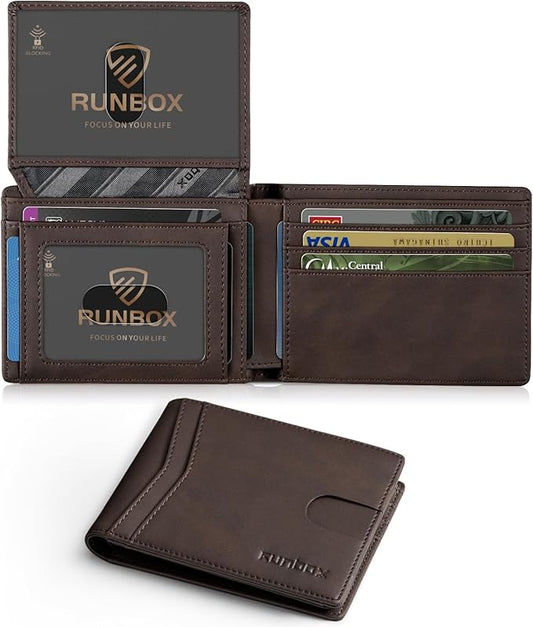 RUNBOX Wallet for Men Slim Rfid Leather 2 ID Window With Gift Box