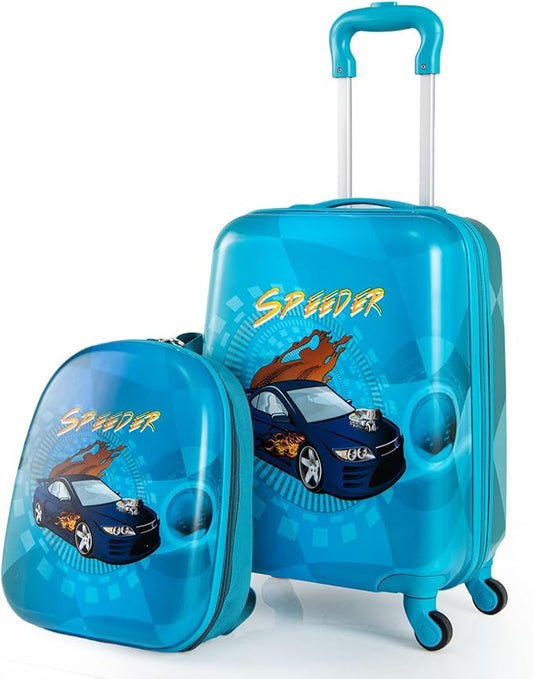 Goplus 2 PCS Kids Luggage, 13" & 16" Carry-on Suitcase w/Spinner Wheels, Telescopic Handle, Hard Shell Rolling Trolley Luggage for Toddler Boys Girls Travel, Airline Approved (Blue, Racing Car)