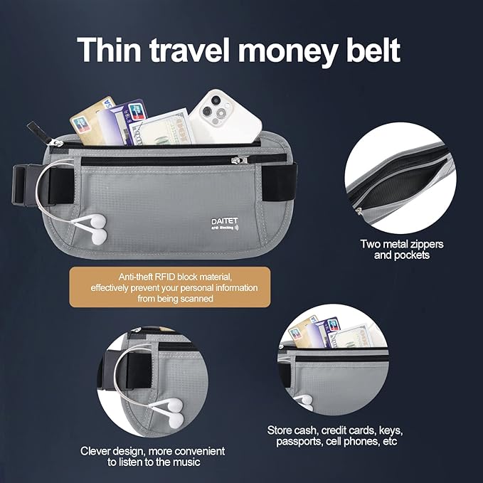 RFID Blocking Money Belt for Men Women, Slim Fanny Pack For Travel，Running,Conceal Waist Wallet For Passport Holder,Phone,Cash(Black Light Grey)