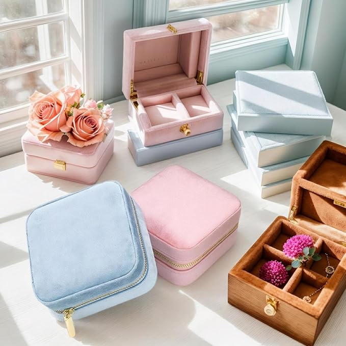 Velvet Jewelry Box, Small Travel Jewelry Organizer, Portable Jewelry Case for Women with Mirror, Pink Mini Plush Travel Box