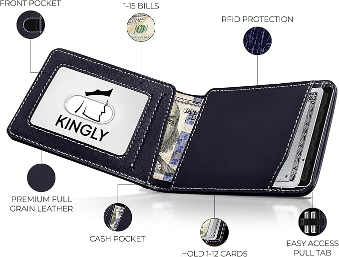 Kingly Cash Pocket Slim Wallet for Men - RFID Blocking Leather Card Holder - Minimalist Men’s Wallet for Front Pockets - Holds 1-15 Cards & Cash - Durable Italian Leather Wallets