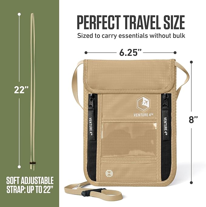 VENTURE 4TH Neck Wallet, RFID Blocking Passport Holder for Travel – Hidden Neck Pouch with 6 Compartments, Slim Lightweight Organizer with Adjustable Strap for Cash, Cards & Passport (Beige)
