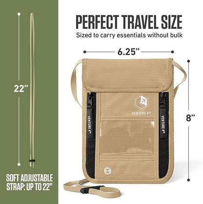 VENTURE 4TH Neck Wallet, RFID Blocking Passport Holder for Travel – Hidden Neck Pouch with 6 Compartments, Slim Lightweight Organizer with Adjustable Strap for Cash, Cards & Passport (Beige)