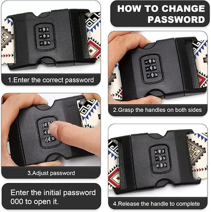 2 Pack Luggage Straps, Adjustable Cute Printing with Combination Lock Luggage Straps for Women Men Travel School Business Trips-Boho