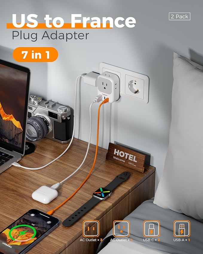 TESSAN 2 Pack Type E F Plug Adapter (2 USB-C), France Spain South Korea Power Adapter with 4 Outlets 3 USB, European Travel Adaptor for US to Germany Iceland Greece Portugal