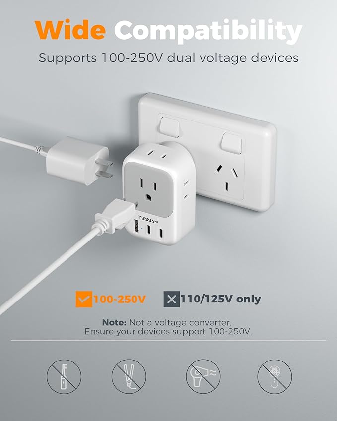 Australia Plug Adapter 2 Pack, TESSAN New Zealand Power Adapter with 4 Outlets 3 USB (2 USB-C), Type I Travel Adaptor for US to Australian Argentina China Fiji Samoa Tonga Kiribati