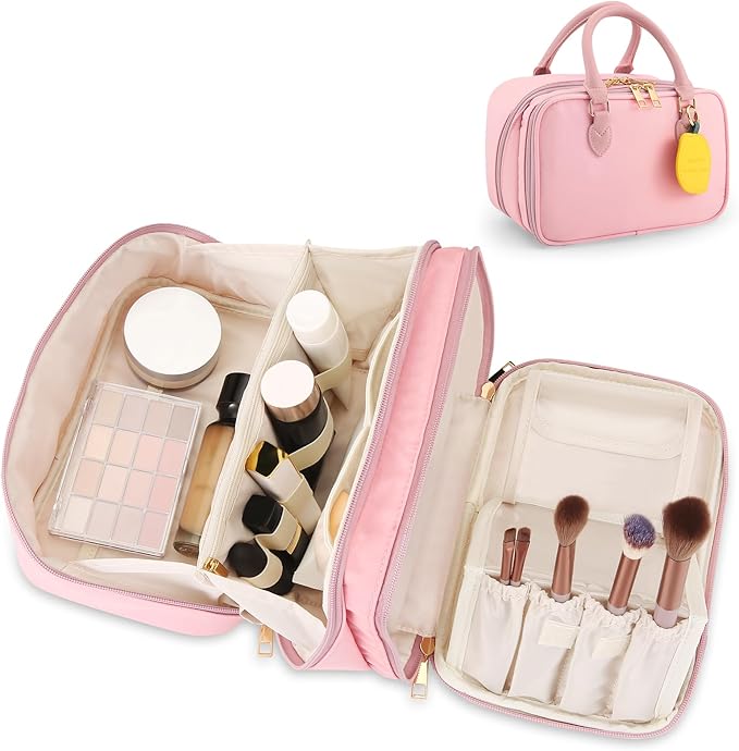 Travel Makeup Bag for Women Fashion Large Capacity Pouch Open Flat Cosmetic Portable Organizer Waterproof Large Opening Storage Toiletry Bags Vertical Free-Standing Brush Holder for Easy Access Pink