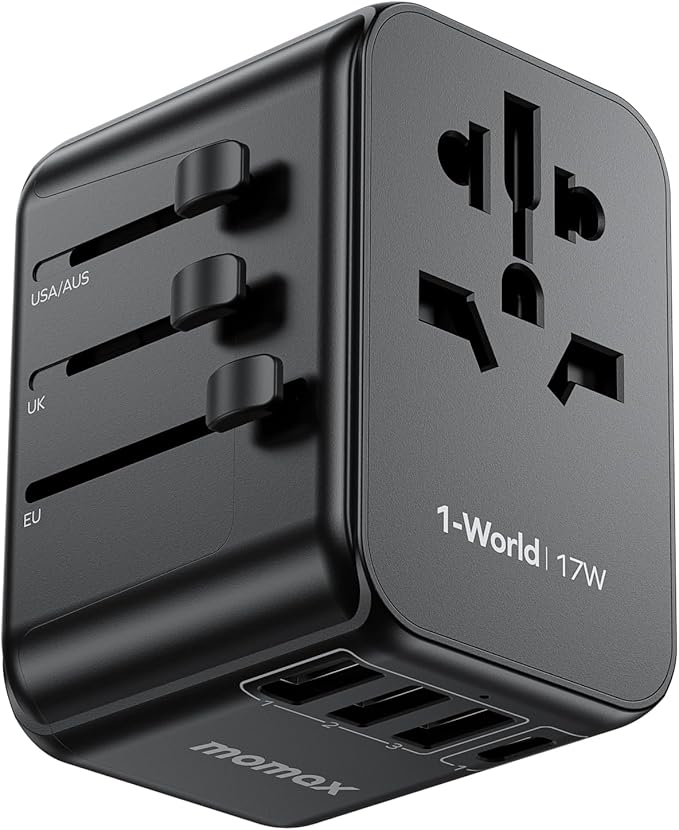 MOMAX 5-in-1 European Travel Plug Adapter, Worldwide All in One Travel Adapter, International Power Adapter Wall Charger with 3 USB A and 1USB C Charging Ports for Travel Essentials (Type C/G/A/I)