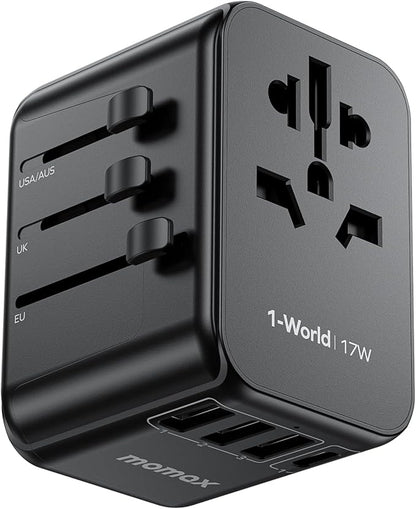 MOMAX 5-in-1 European Travel Plug Adapter, Worldwide All in One Travel Adapter, International Power Adapter Wall Charger with 3 USB A and 1USB C Charging Ports for Travel Essentials (Type C/G/A/I)