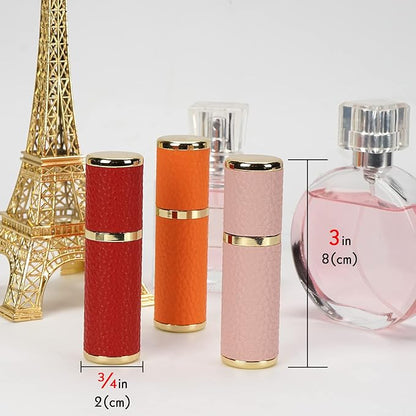 LUEXBOX 3 Pack Portable Perfume Bottle for Travel, Mini Refillable Perfume Dispenser, 5ml Faux Leather Leak Proof Perfume Atomizers Bottles Sprayer for Pocket Perfume (Red, Pink, Orange)