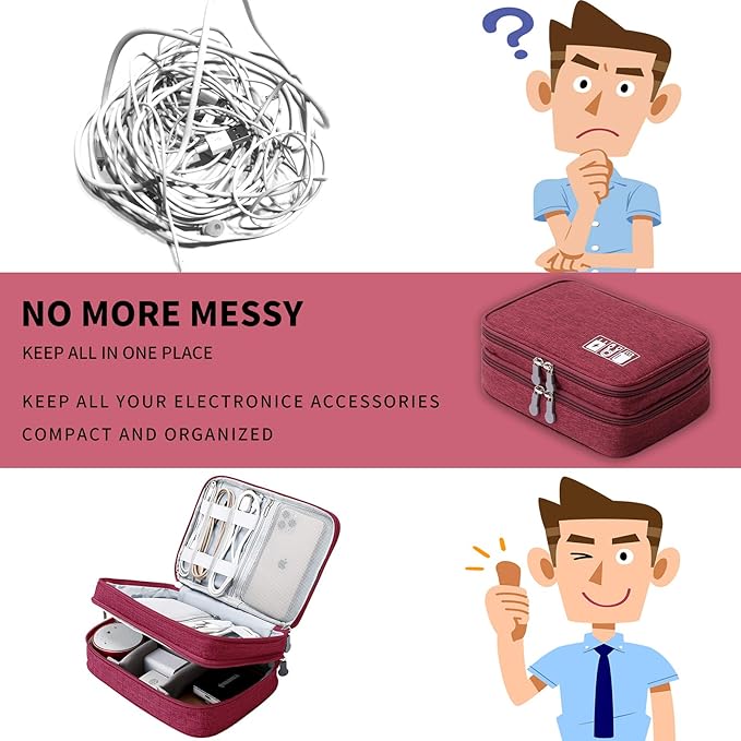 MIRLEWAIY Electronics Cable Organizer, Travel Electronic Accessories Storage Bag Double-Layer for Power Bank, USB, Fresh Drives, Chargers, Cables, Earphone, Red