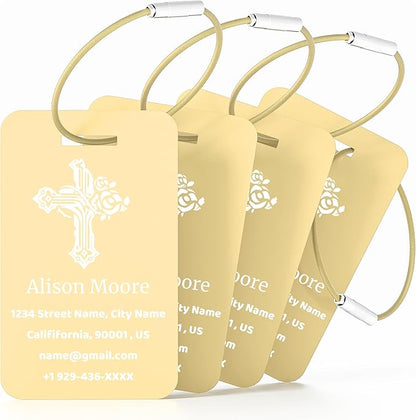 4 PCS Personalized Luggage Tags for Suitcases, Custom Aluminum Luggage Tags for Bags and Backpacks, Waterproof & Heavy Duty Personalized Metal Name Tags for Travel (Gold)