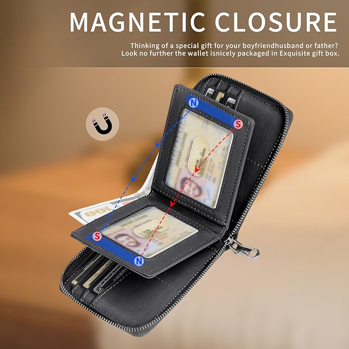 Men’s RFID Blocking Zipper Large Dimensions Wallet with 2 ID Windows - Large Capacity Design, 13 Credit Card Slots