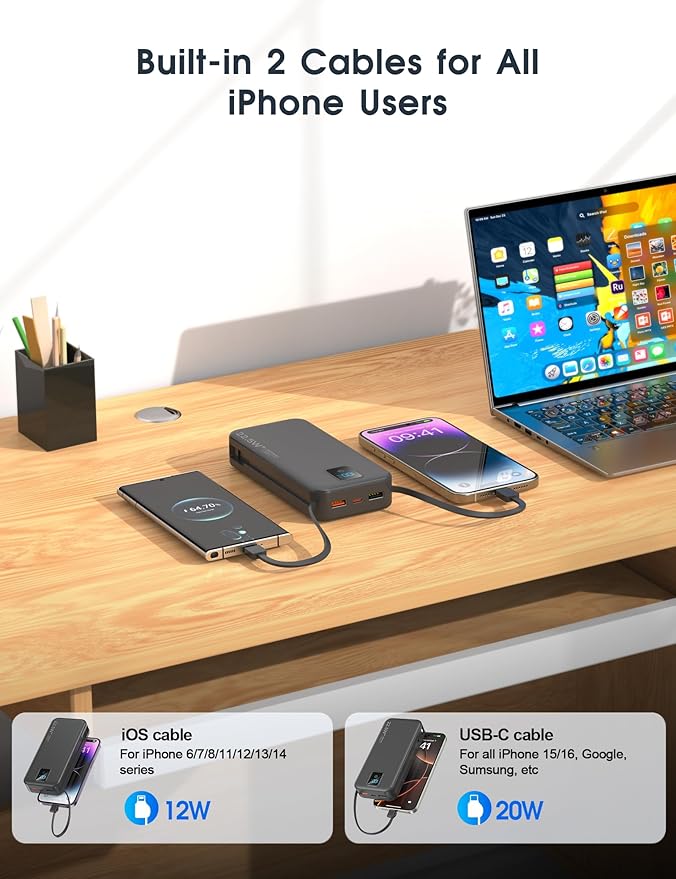 Portable Charger, 20000mAh 22.5W Fast Charging Power Bank with Built-in Cables & Wall Plug, Travel Essentials Battery Pack with LED Display, USB C External Battery Bank for iPhone iPad, Samsung Black
