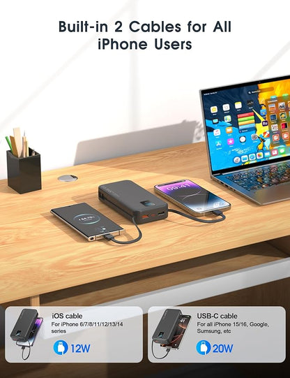 Portable Charger, 20000mAh 22.5W Fast Charging Power Bank with Built-in Cables & Wall Plug, Travel Essentials Battery Pack with LED Display, USB C External Battery Bank for iPhone iPad, Samsung Black