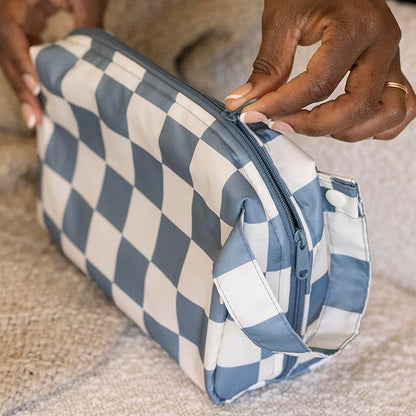 Tiny Twinkle Waterproof Travel Toiletry & Makeup Bag Organizer | Large Capacity Cosmetic Case with Compartments & Handle, A Thoughtful Travel Companion for Women（Blue Checkers