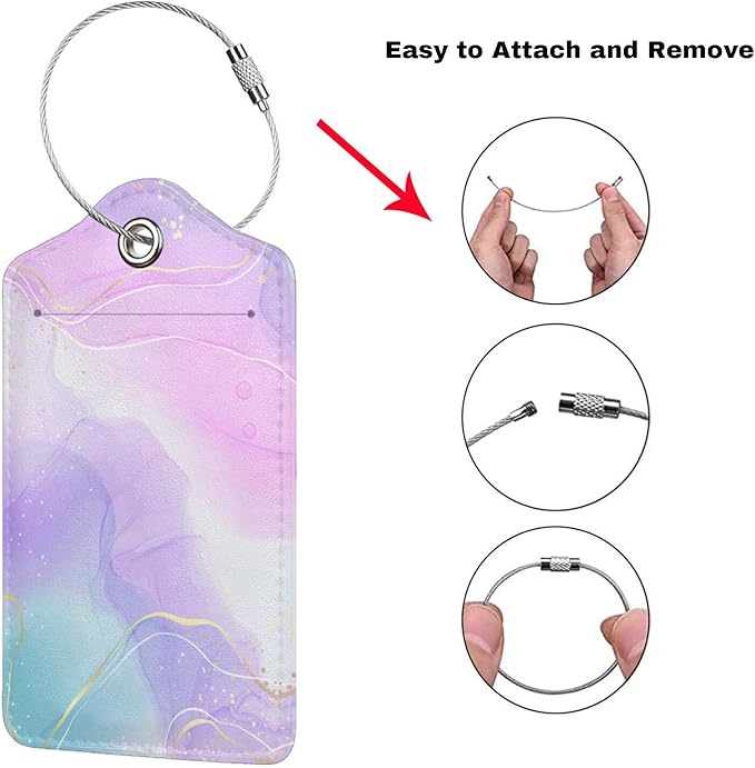 Pink Luggage Tags 2 Pack for Girls Women, Watercolor Light Purple and Cyan Blue Background Leather Suitcase Tags Identifiers, Cute ID and Name Labels with Privacy Covers for Backpack Travel Bag