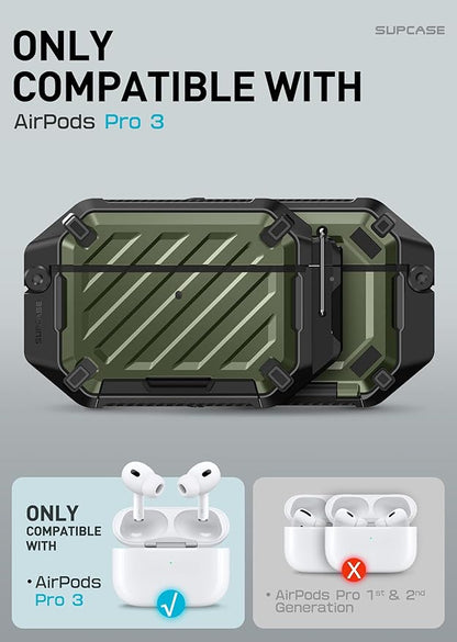 SUPCASE for AirPods Pro 3 Case with Lock & Carabiner, [IP68 Waterproof] [Military-Grade Protection] [Supports Wireless Charging] Anti-Scratch Hard Shell Cover for AirPods Pro 3rd Gen, Guldan