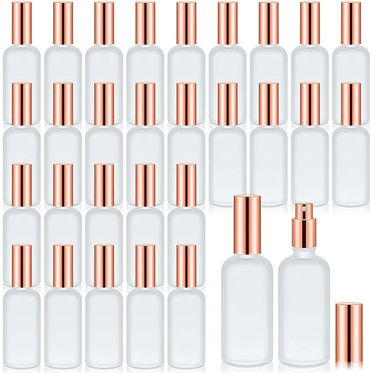Roshtia 30 Pcs 3.4 oz/ 100 ml Rose Gold Glass Spray Bottle Refillable Perfume Atomizer Clear Decorative Empty Bottles with Fine Mist Sprayer Pump for Face Body Travel