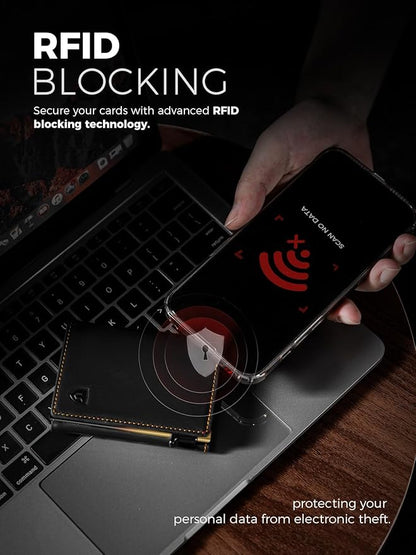 LORZOR Minimalist Wallet for Men with Credit Card Holder, Finest Full Grain Leather, Pop up Smart Wallet, Trifold Slim Wallet, RFID Blocking, Front Pocket, ID Window (Black/Yellow Black)