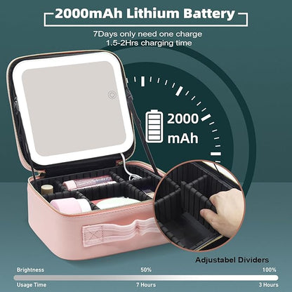 Travel Makeup Bag with Magnetic Removable Lighted Mirror, Cosmetic Bag Organizer with Mirror 360° Angle, Tri-Color LED Lighted Makeup Case, Portable Makeup Travel Train Case with Adjustable Dividers