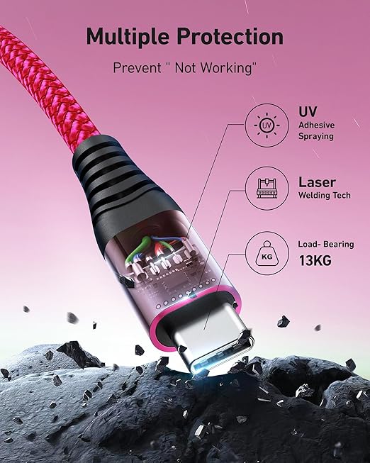 USB C Cable Fast Charging 10FT 2Pack, Long USB A to USB C Cable for Car, Durable Braided USB to USB Type C Cord iPhone USBC Charger for iPhone 17/16/15/Pro Max, Samsung Galaxy S23 and More-Rose