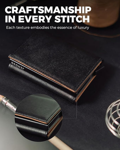 Jenoss Smart Wallet For Men: Full Grain Leather, Handcrafted, Slide Metal Pop Up Case, Slim RFID Blocking Credit Card Holder, Minimalist Compact 12 Cards Slot Organizers ID Money Clip (Black & Brown)