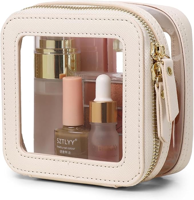 Pinkmik Clear Small Makeup Bag Mini Cosmetic Makeup Case & Toiletry Bag with Zipper,Cute Purse Organizer,Car Essentials for Women (Beige, MINI-2)