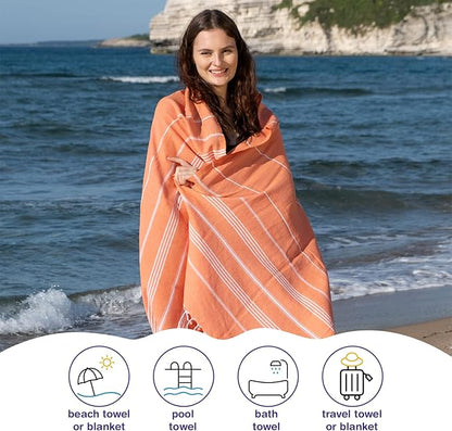 Turkish Beach Towels, Bulk Case of 12 | Oversized, Quick Dry, Sand Free | 100% Cotton, Large 38x71 Towels for Beach, Pool, Travel | Ultra-Soft, Compact, Absorbent | Orange