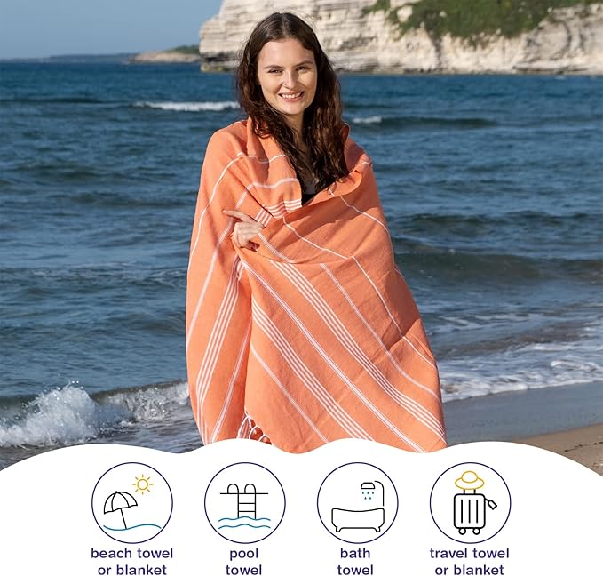 Turkish Beach Towels, Pack of 2 | Oversized, Quick Dry, Sand Free | 100% Cotton, Large 38x71 Towels for Beach, Pool, Travel | Ultra-Soft, Compact, and Absorbent | Orange