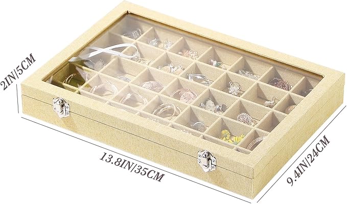 Coward Ring Earring Jewelry Organizer Box, 35 Grids Dustproof Display Holder Case, Yellow Linen Velvet Jewelry Bead Display Tray Case with Transparent Glass Lid for Momen Girls