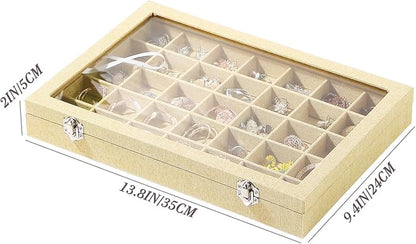 Coward Ring Earring Jewelry Organizer Box, 35 Grids Dustproof Display Holder Case, Yellow Linen Velvet Jewelry Bead Display Tray Case with Transparent Glass Lid for Momen Girls
