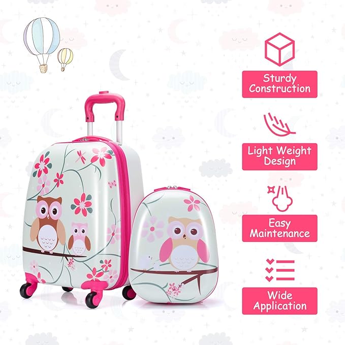 KOTEK Kids Carry On Luggage Set, 16" Hardside Rolling Suitcase with Spinner Wheels, Travel Rolling Luggage for Boys Girls (Owl)