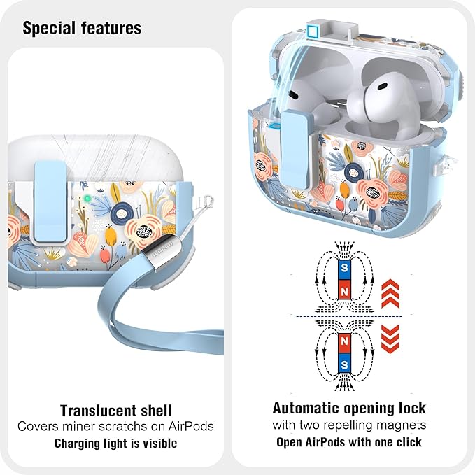 WENEW for AirPods Pro 3 Case (2025) Cover Secure Lock Automatic Snap Switch Clip Cleaner Kit Lanyard Women Stylish Flower Hard Shell Full Body Front LED Visible (Blue Flower, AirPods Pro 3)