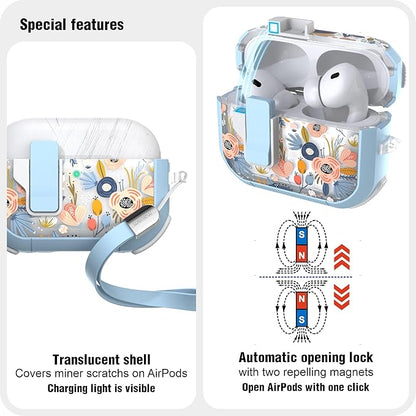 WENEW for AirPods Pro 3 Case (2025) Cover Secure Lock Automatic Snap Switch Clip Cleaner Kit Lanyard Women Stylish Flower Hard Shell Full Body Front LED Visible (Blue Flower, AirPods Pro 3)