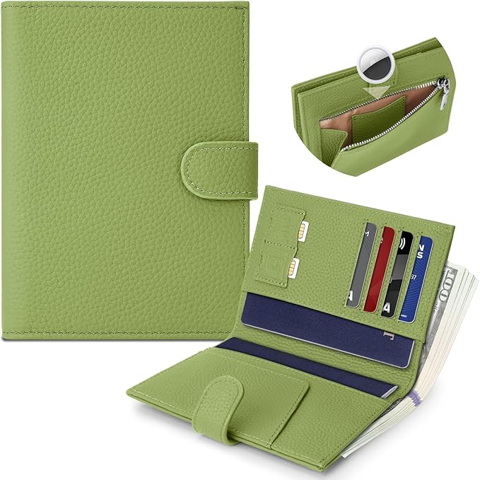 Genuine Leather Passport Holder for Women Men, Hidden Airtag Pocket, RFID Blocking, Zippered Coins Pocket & Cash Compartment Travel Gifts Essentials Passport Cover Case - Green