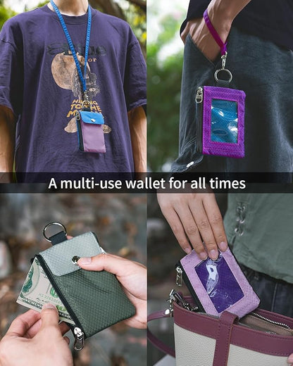 Minimalist Wallet For Mens Womens, Keychain RFID Blocking Zipper Small Wallet with ID Window 2 Lanyards,Water Resistant Travel Cash Card Coin Case Boys Girls