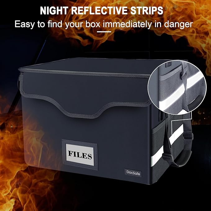 DocSafe Fireproof Document Box with Lock,File Storage Organizer with Zipper Pockets,Collapsible Portable File Box Home Office Safe Filing Cabinet with Handle for Hanging Letter/Legal Folders,Gray