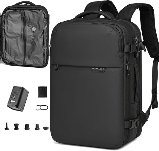 Vacuum Seal Travel Backpack 45L - Expandable Air Compression System, Water-Resistant, Carry-On Suitcase Luggage with TSA Lock Fits 18" Laptop - Vacuum Pump Included(Black)
